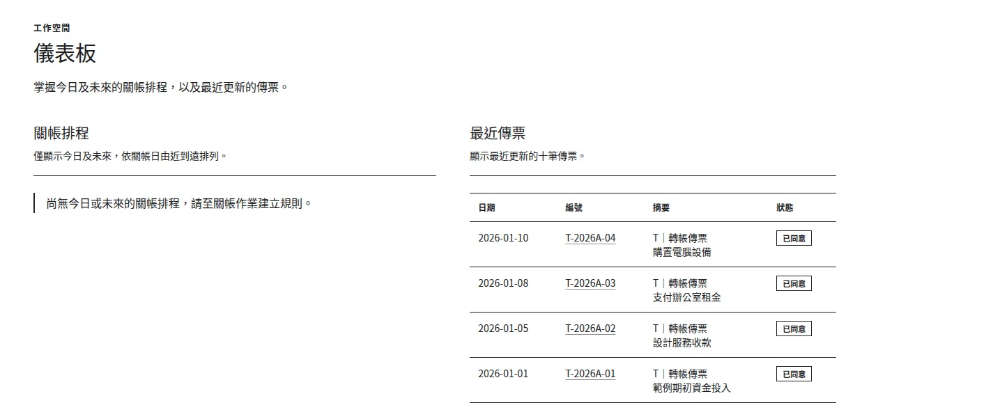 儀表板的最近傳票區：四張練習傳票與狀態